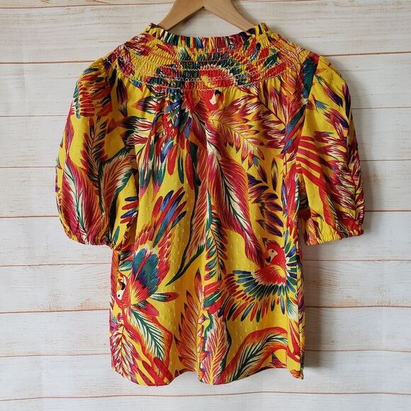 Rachel Zoe Parrot Tropical Cotton Textured Colorful Short Sleeve Blouse Top XS - Picture 6 of 11
